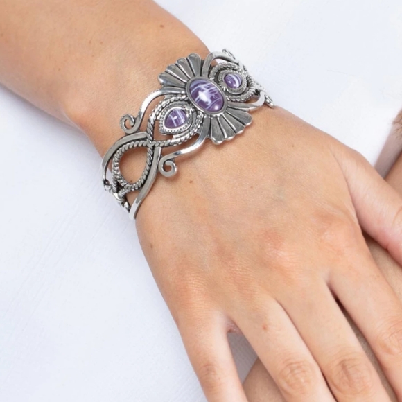 Rural rumination silver and purple cuff bracelet